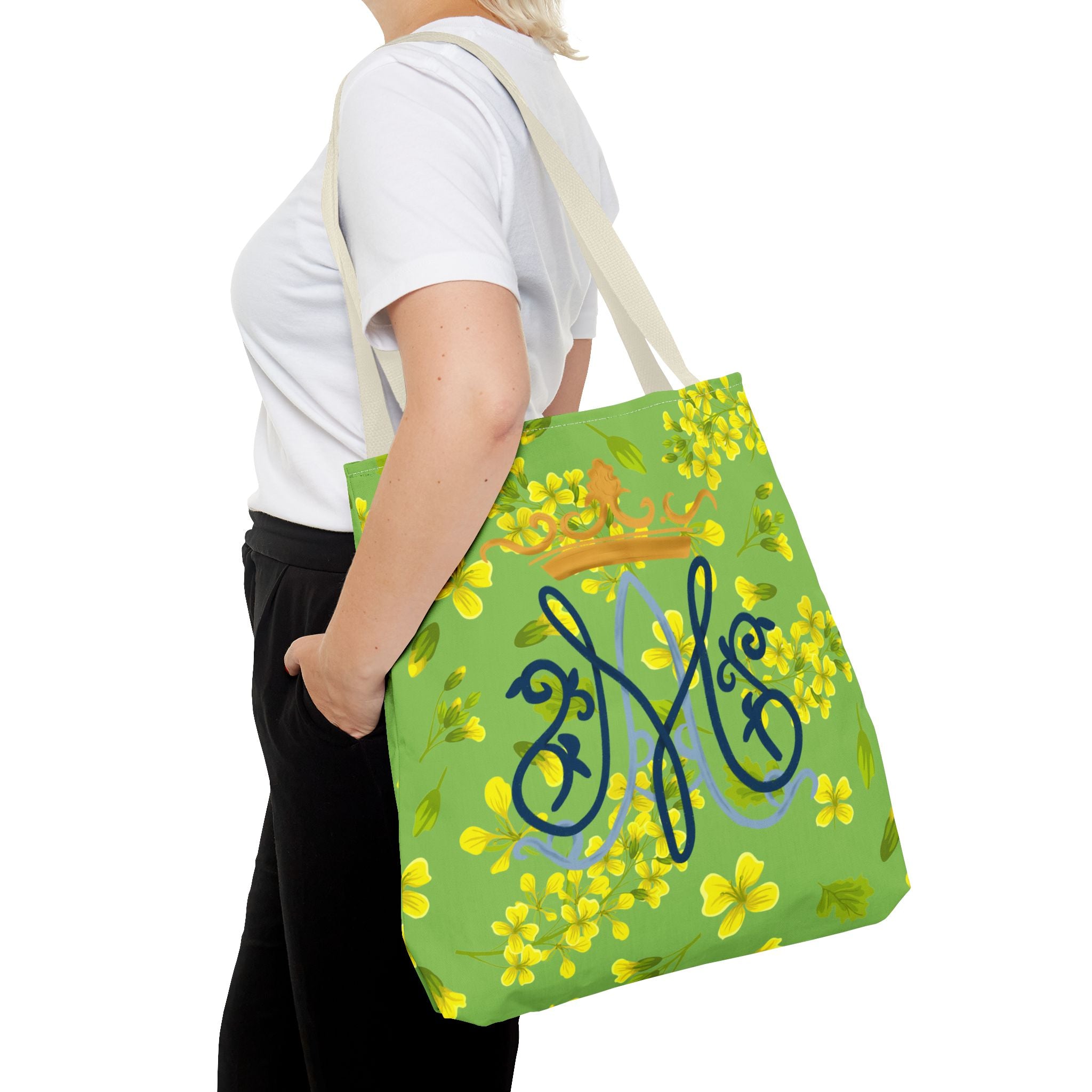 Bolso tote con monograma mariano floral verde – Colección Reina del Cielo