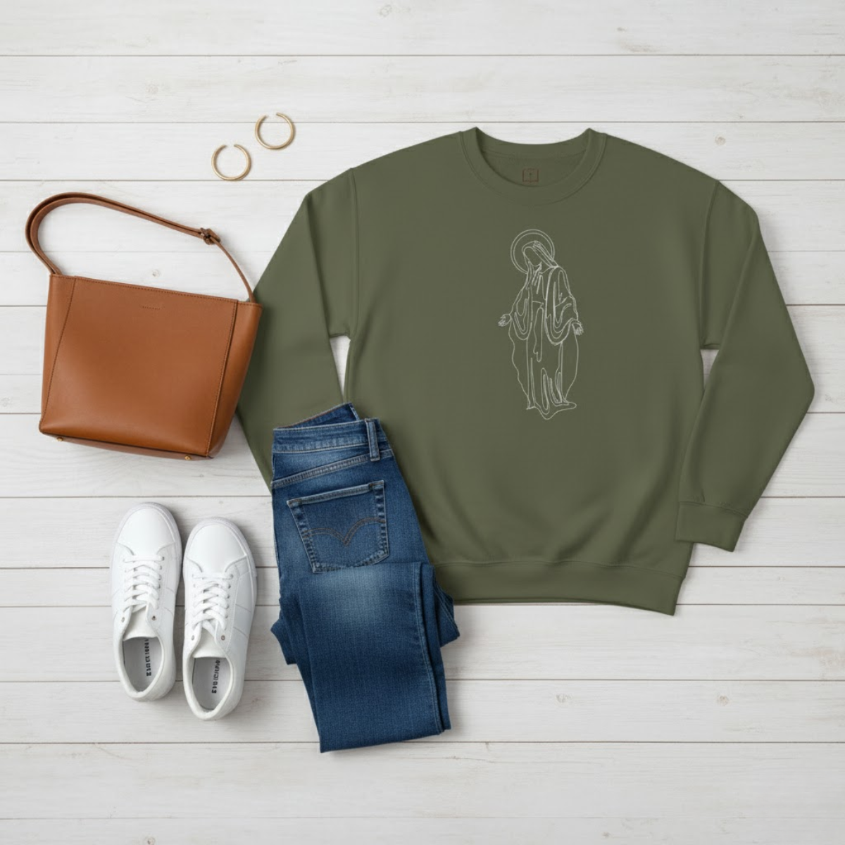 Olive green women’s crewneck sweatshirt featuring minimalist line-art of the Blessed Virgin Mary — faith-inspired Catholic apparel for women.