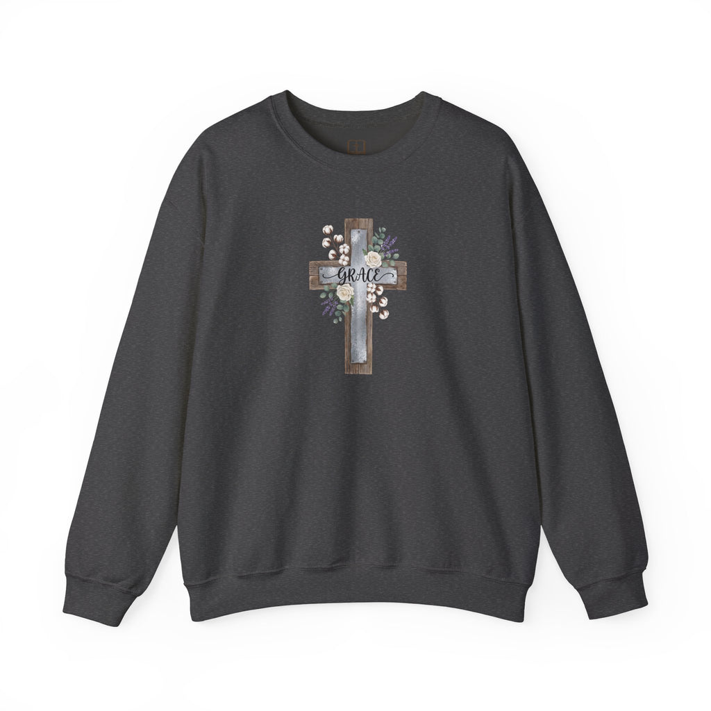 Sudadera católica con estampado floral Grace Cross - Cuello redondo de algodón y lavanda
