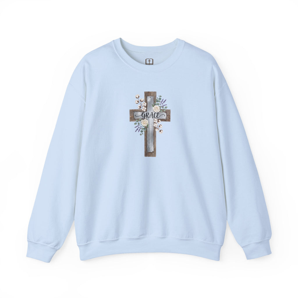 Sudadera católica con estampado floral Grace Cross - Cuello redondo de algodón y lavanda