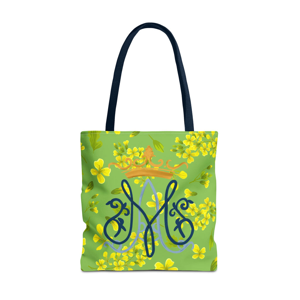 Bolso tote con monograma mariano floral verde – Colección Reina del Cielo