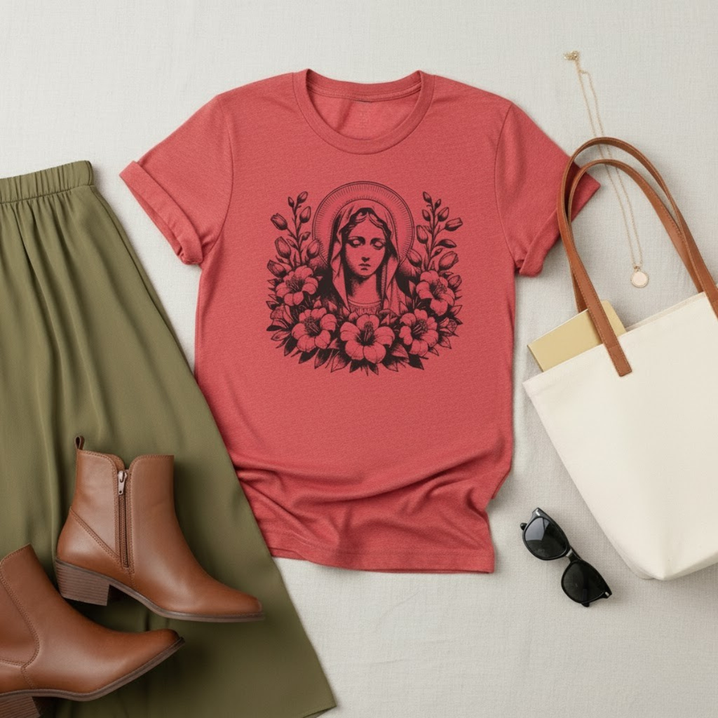 Pink women’s fleece sweatpants with gold embroidered Marian symbol — Catholic loungewear for comfort and devotion.