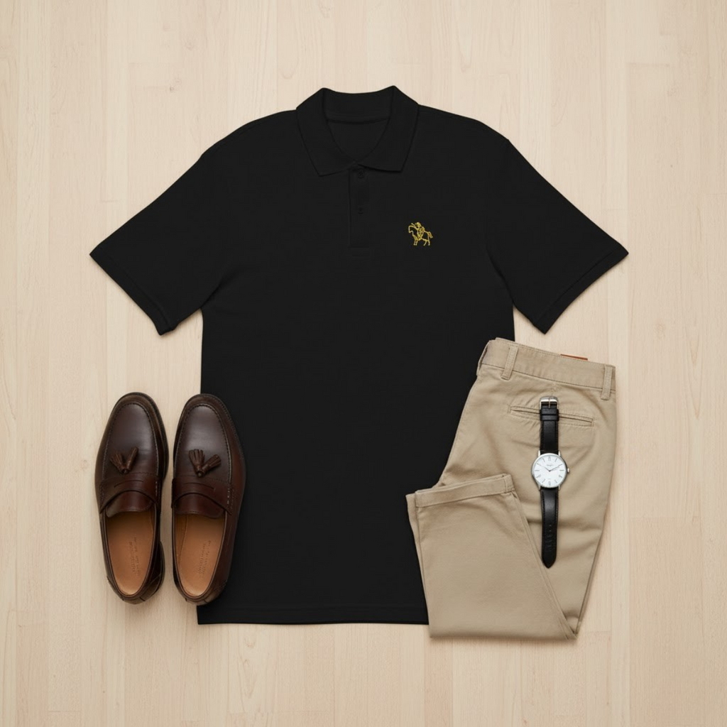Black men’s embroidered polo shirt with golden knight on chest and cross on back — elegant Catholic apparel for fathers and men of faith.