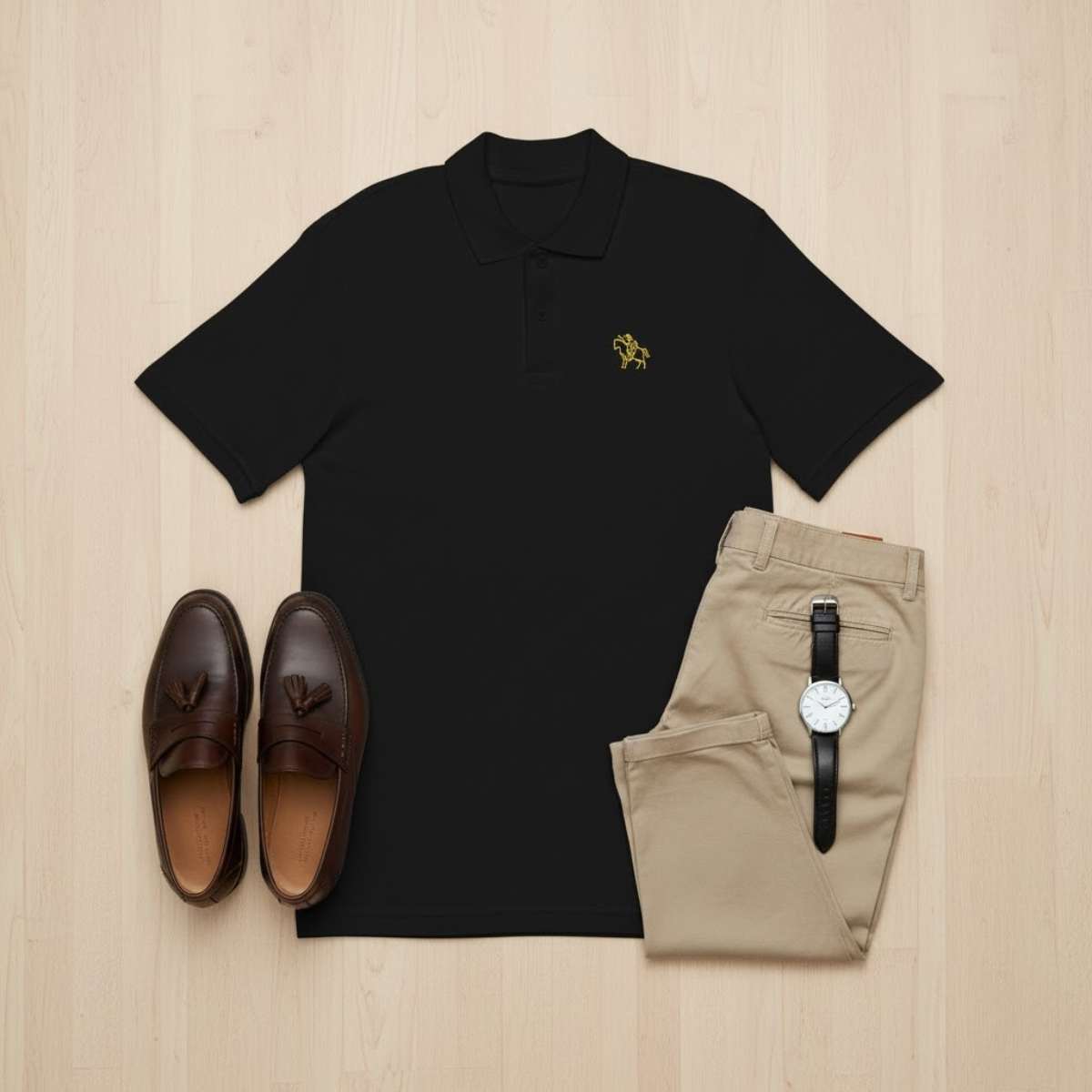 Black men’s embroidered polo shirt with golden knight on chest and cross on back — elegant Catholic apparel for fathers and men of faith.