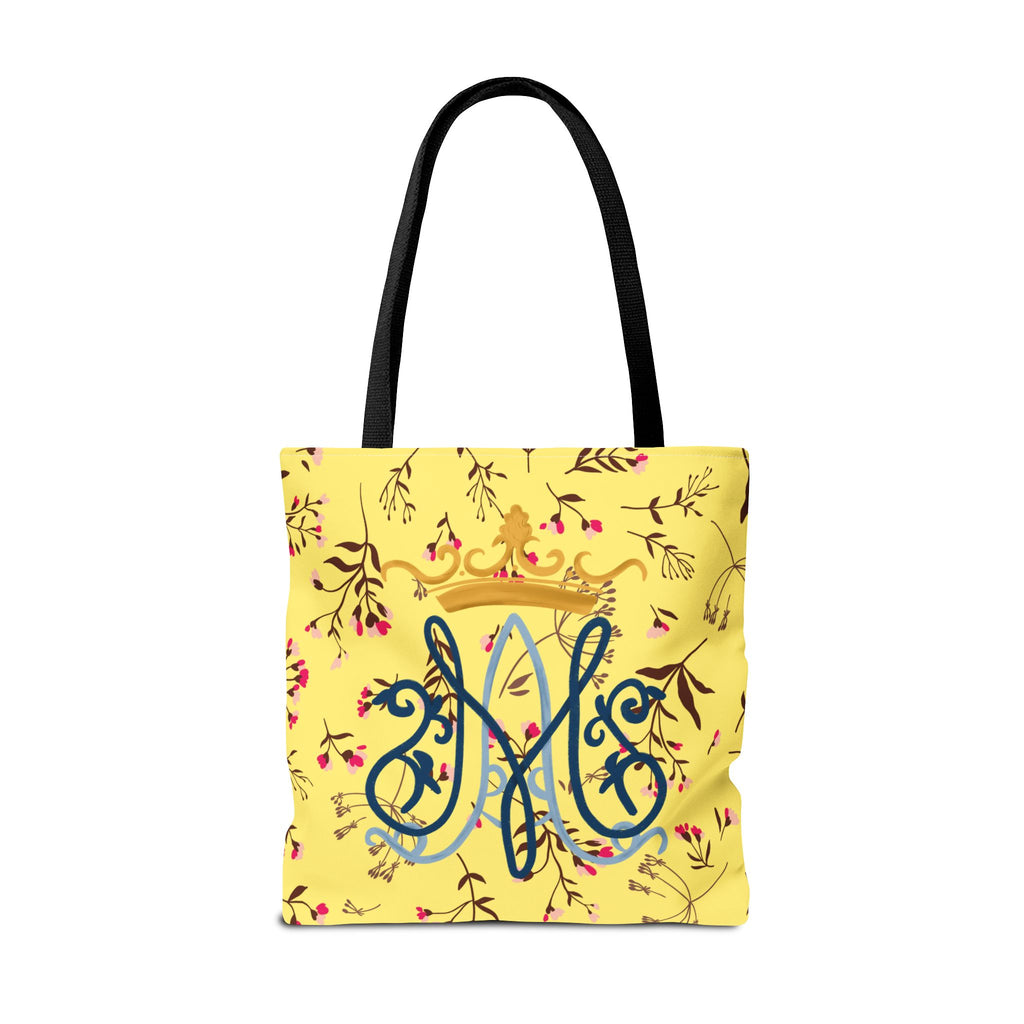 Bolso tote con monograma mariano floral dorado – Colección Reina del Cielo