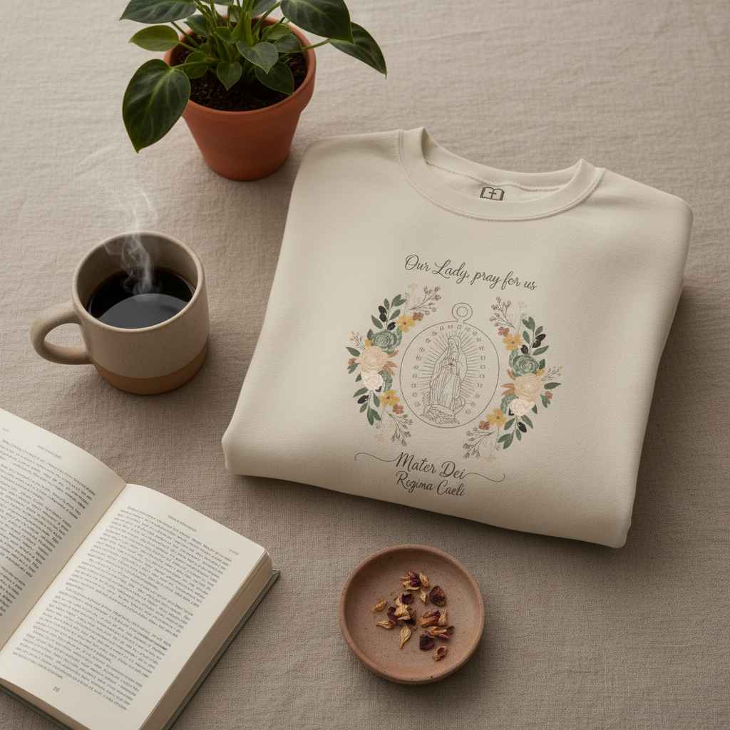 Sudadera católica de cuello redondo con la Medalla Milagrosa Floral de Nuestra Señora, ruega por nosotros