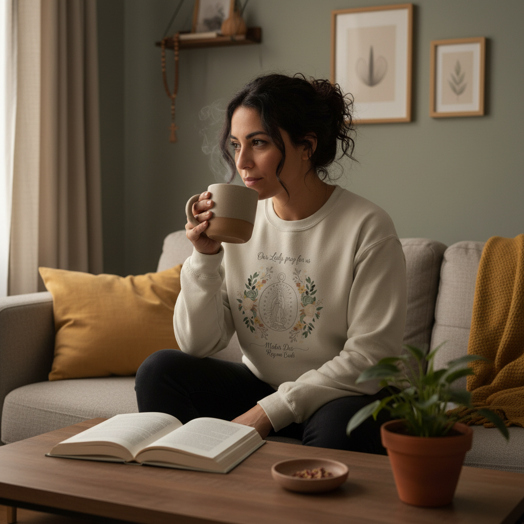 Sudadera católica de cuello redondo con la Medalla Milagrosa Floral de Nuestra Señora, ruega por nosotros