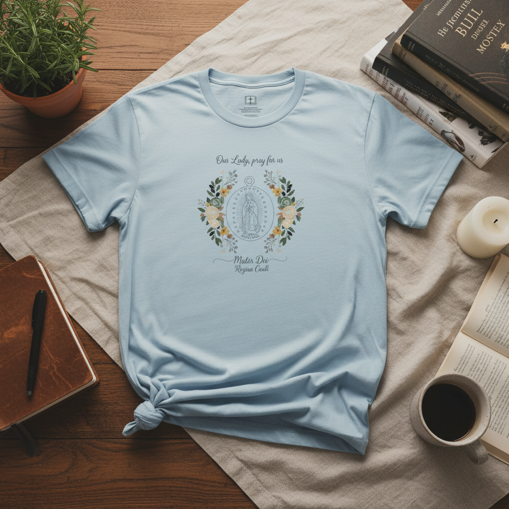 Camiseta con corona floral de Nuestra Señora | Camiseta católica Mater Dei Regina Caeli