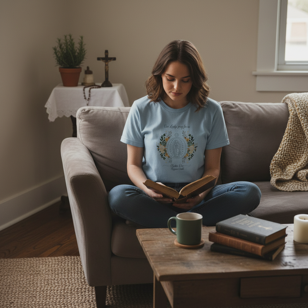 Camiseta con corona floral de Nuestra Señora | Camiseta católica Mater Dei Regina Caeli
