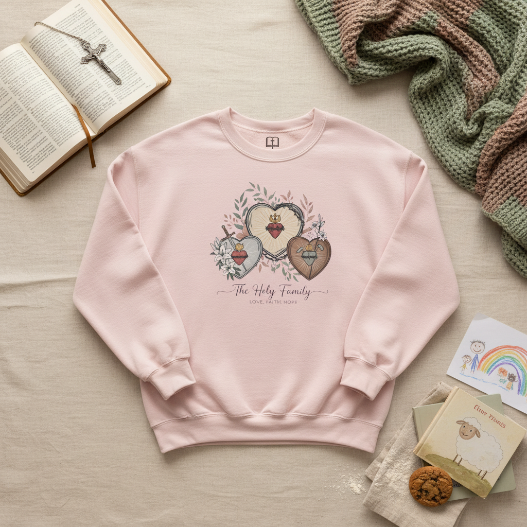 Sudadera de cuello redondo de la Sagrada Familia y los Sagrados Corazones | Ropa devocional católica 