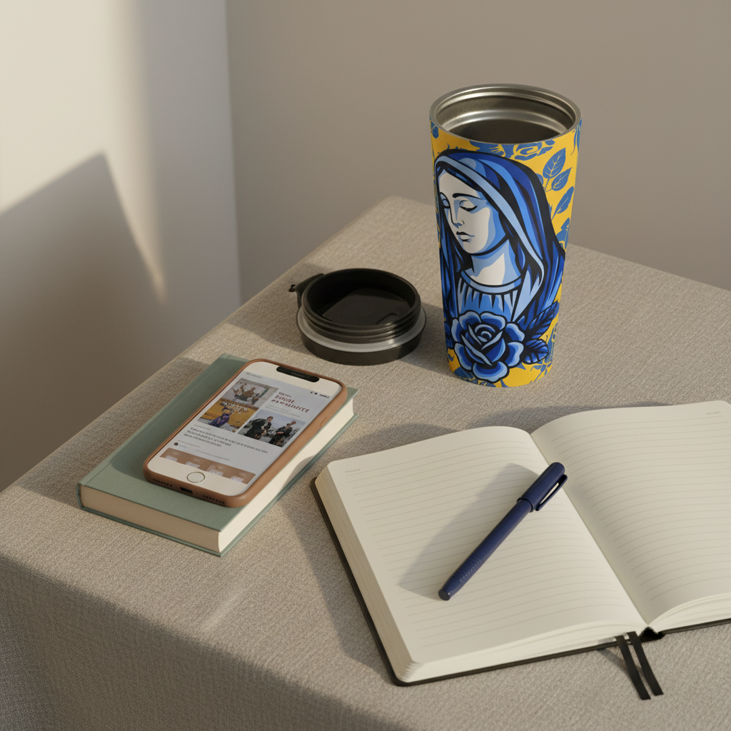 Taza de viaje moderna con diseño floral de la Virgen María | Vaso católico 