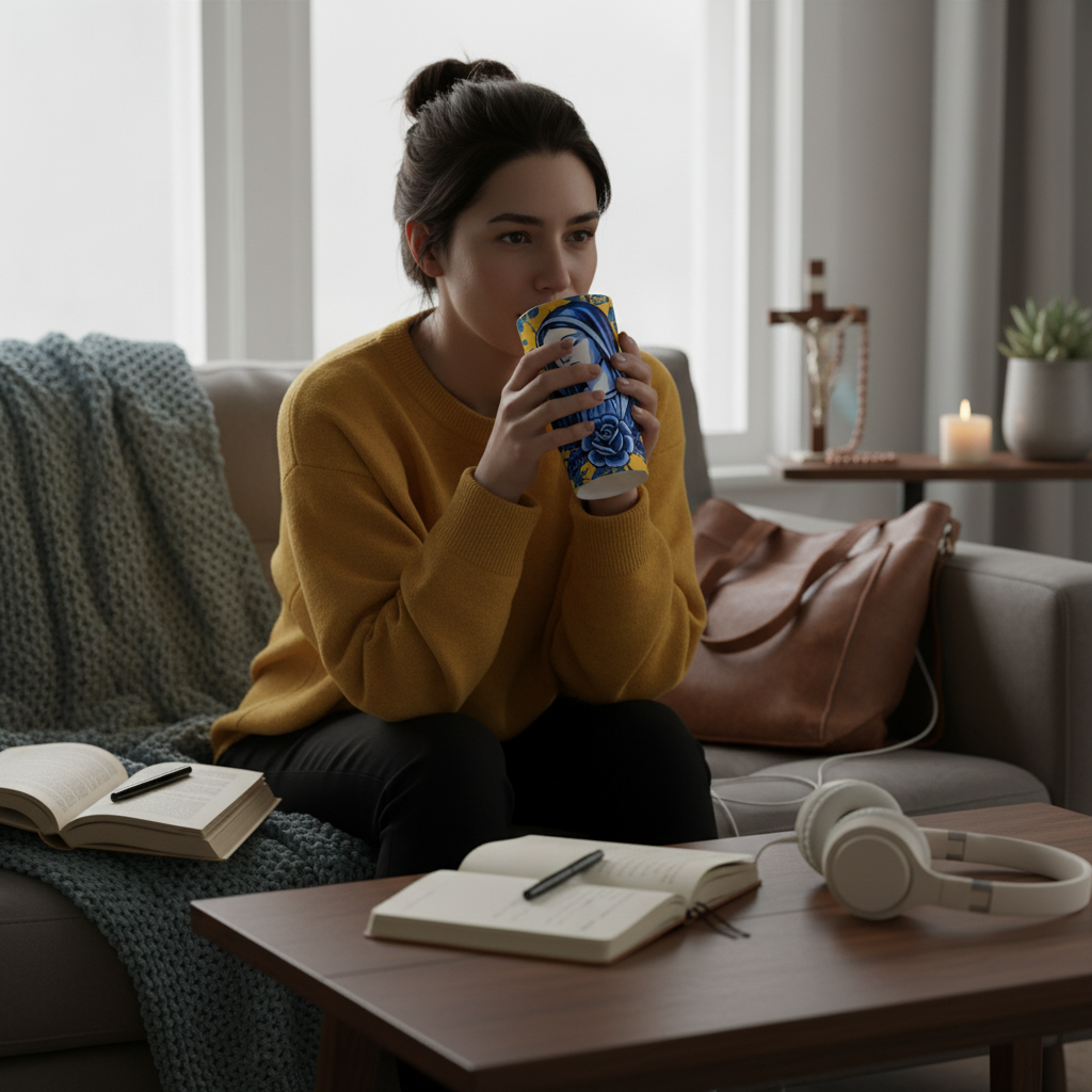 Taza de viaje moderna con diseño floral de la Virgen María | Vaso católico 
