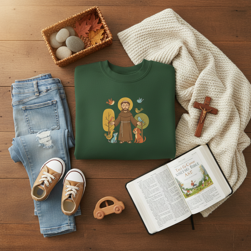 Sudadera católica de cuello redondo para niños de San Francisco de Asís