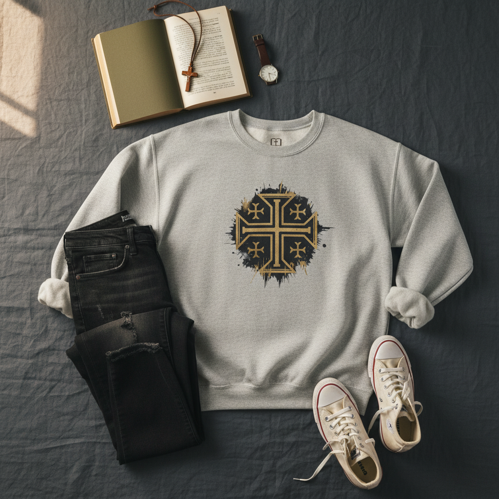 Modern Jerusalem Cross Crewneck Sweatshirt | Catholic Faith Apparel