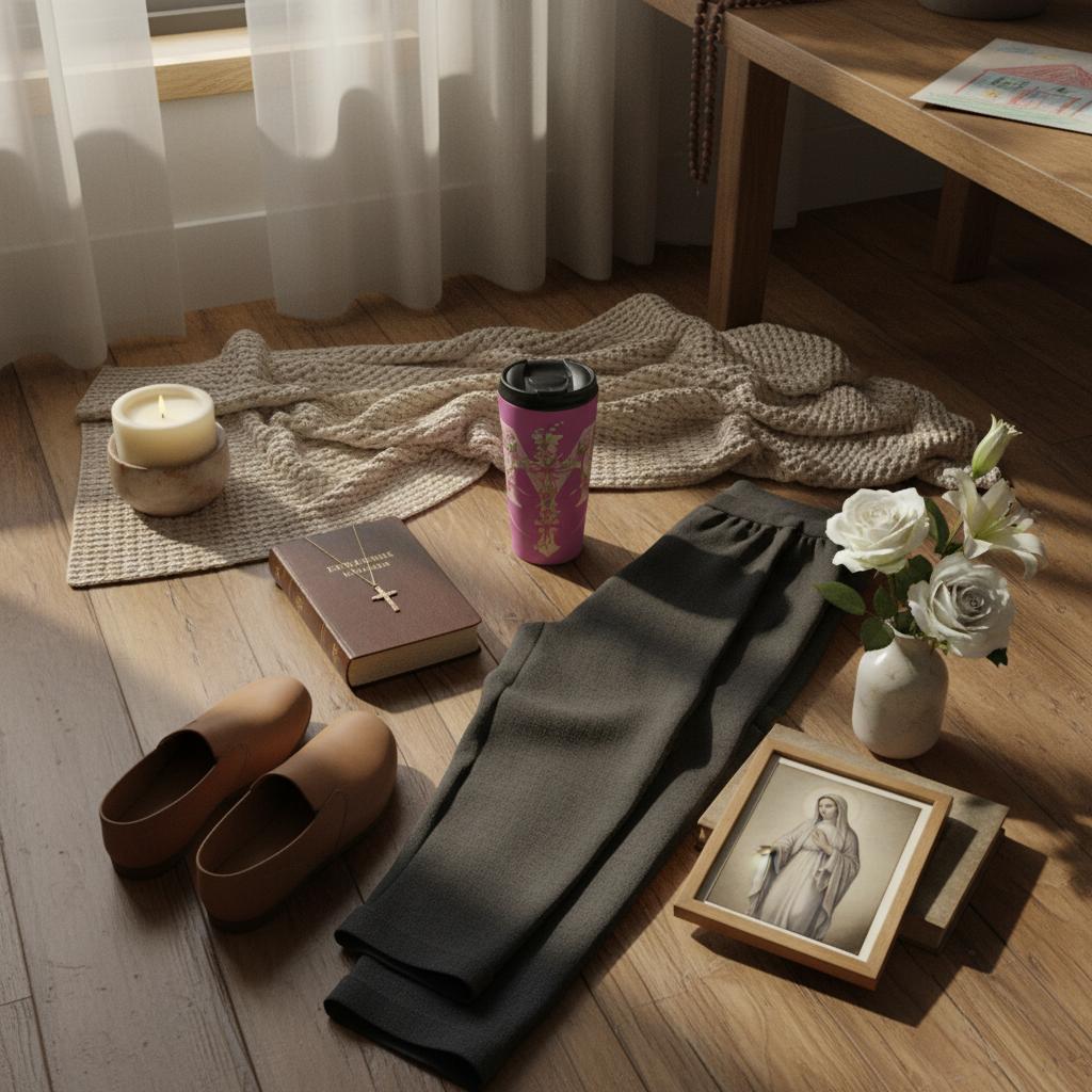 Taza de viaje con monograma floral de la Virgen María | Taza de viaje rosa con inspiración religiosa 