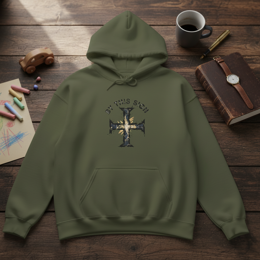 Sudadera con capucha católica con cruz desgastada "Por esta señal" para hombre