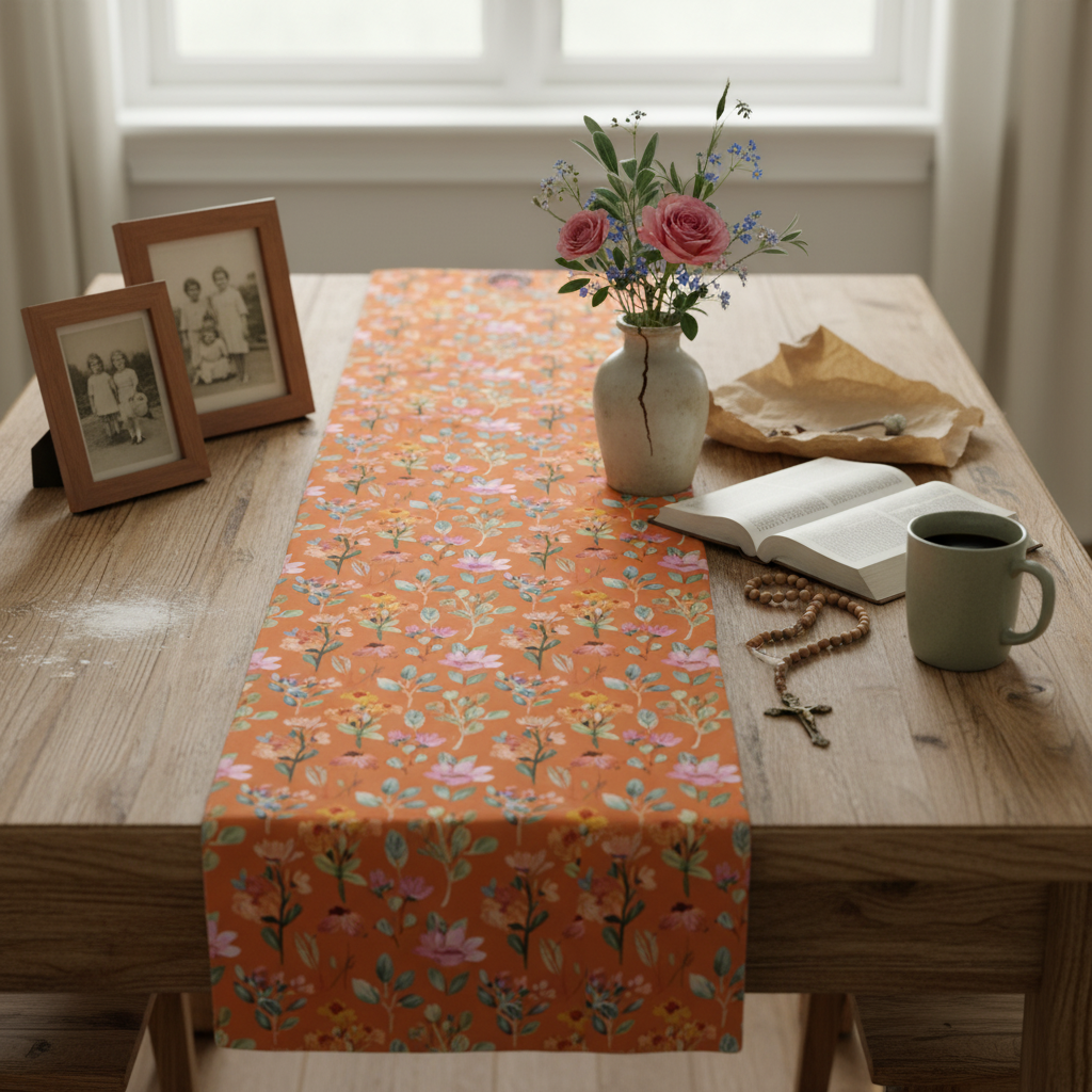 Camino de mesa floral IHS Sacred Garden | Decoración católica para el hogar