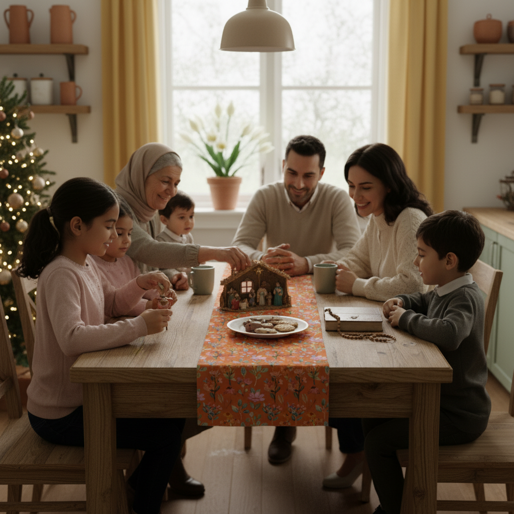 Camino de mesa floral IHS Sacred Garden | Decoración católica para el hogar