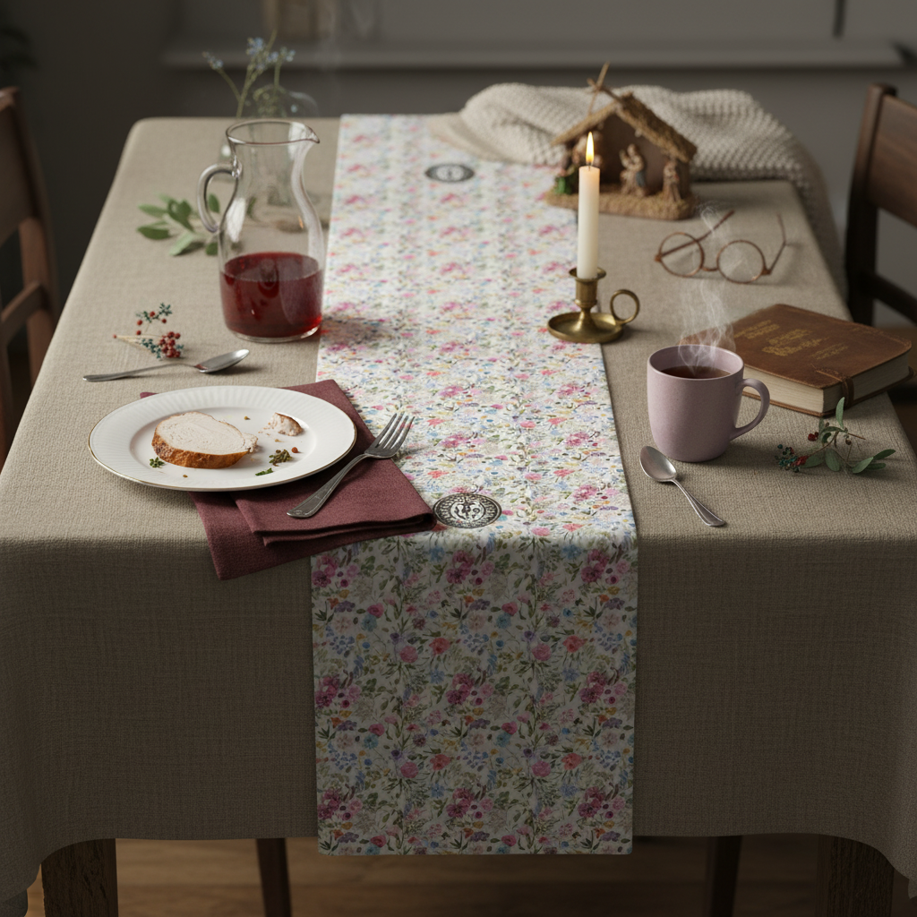 Camino de mesa con medallón floral IHS de reliquia - Decoración católica para el hogar y la fe