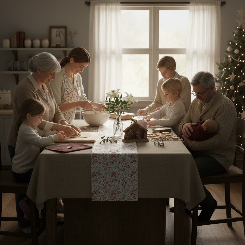 Camino de mesa con medallón floral IHS de reliquia - Decoración católica para el hogar y la fe
