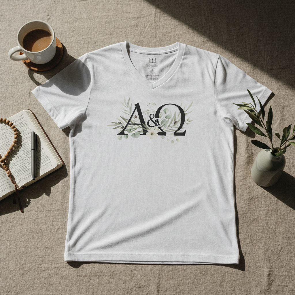 Camiseta con cuello en V y estampado floral Alpha &amp; Omega | Camisa con fe cristiana sutil