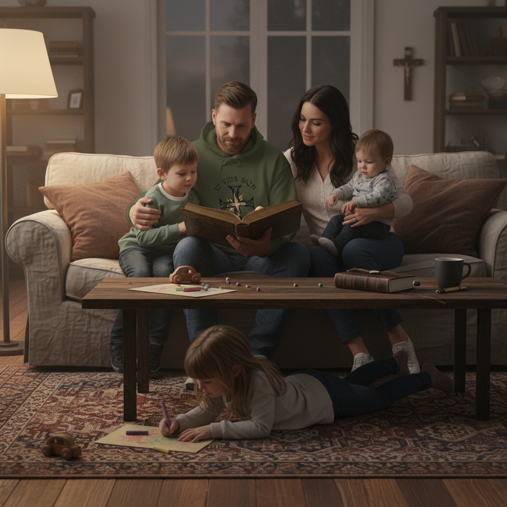 Sudadera con capucha católica con cruz desgastada "Por esta señal" para hombre