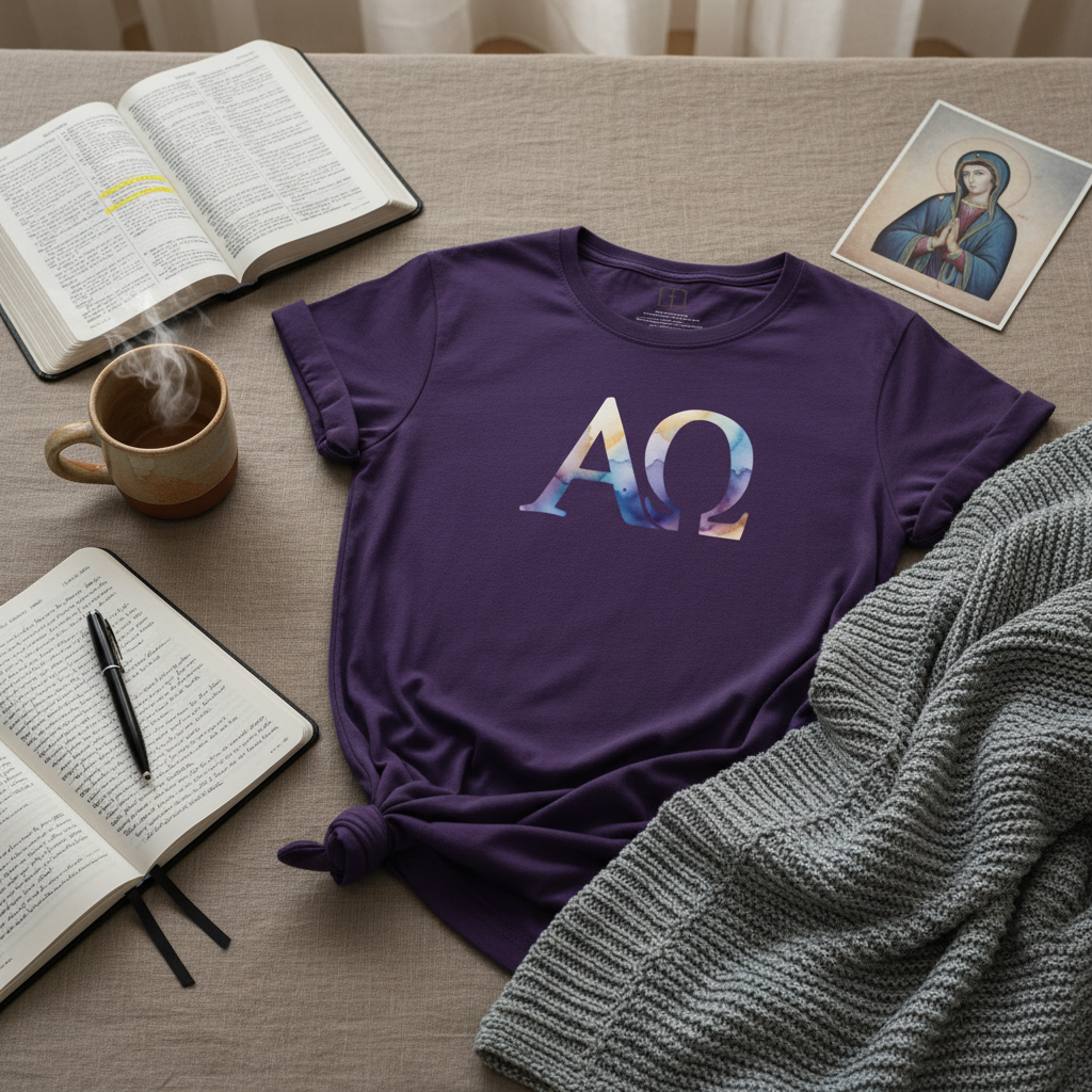 Camiseta católica de acuarela Alfa Omega para mujer