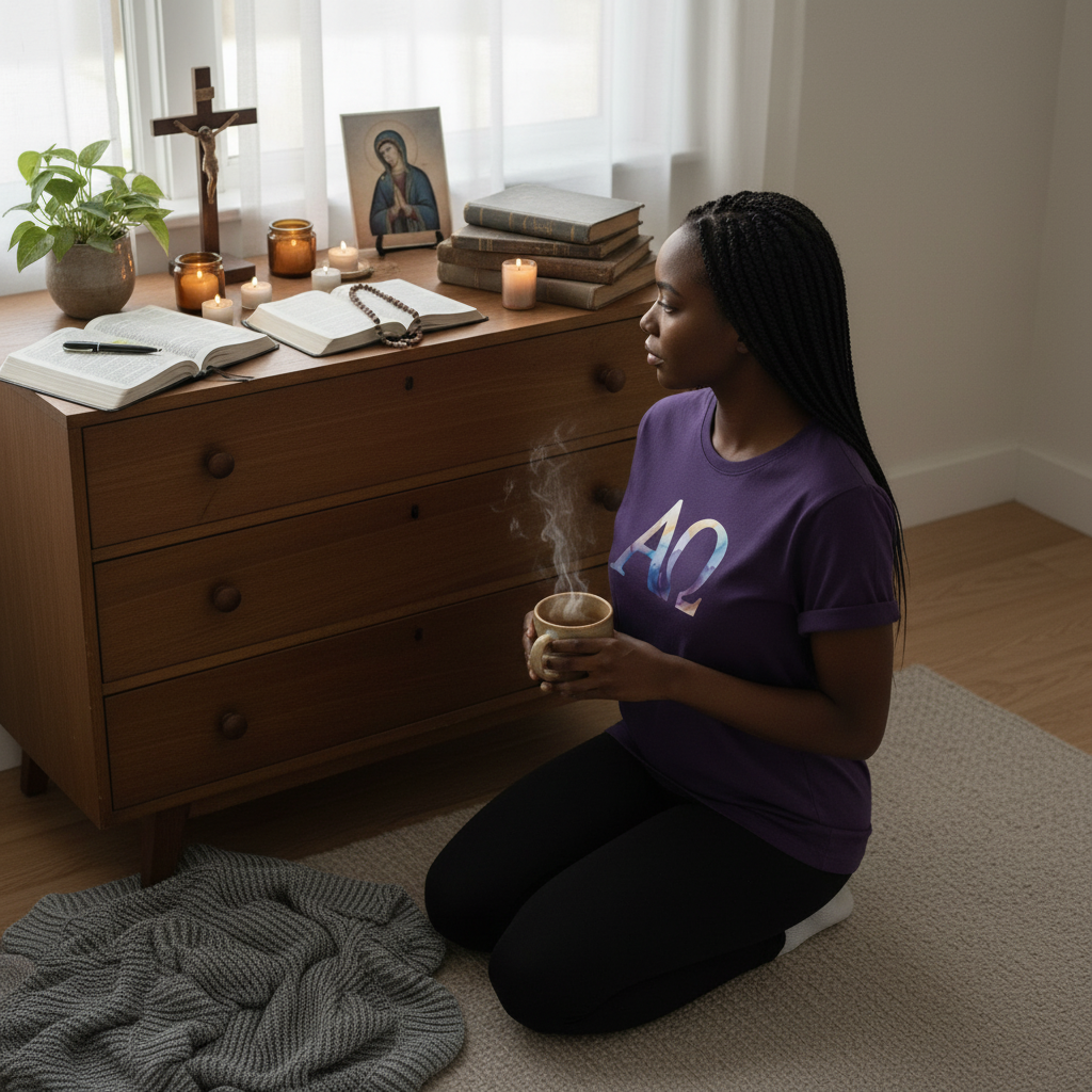 Camiseta católica de acuarela Alfa Omega para mujer