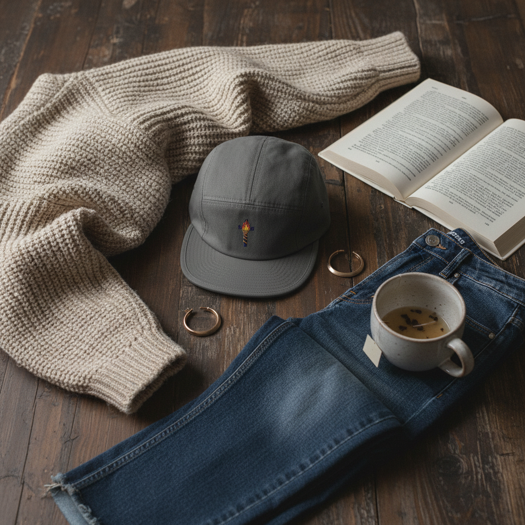 Gorra de cinco paneles con cruz de llama bordada - Sombrero católico moderno 