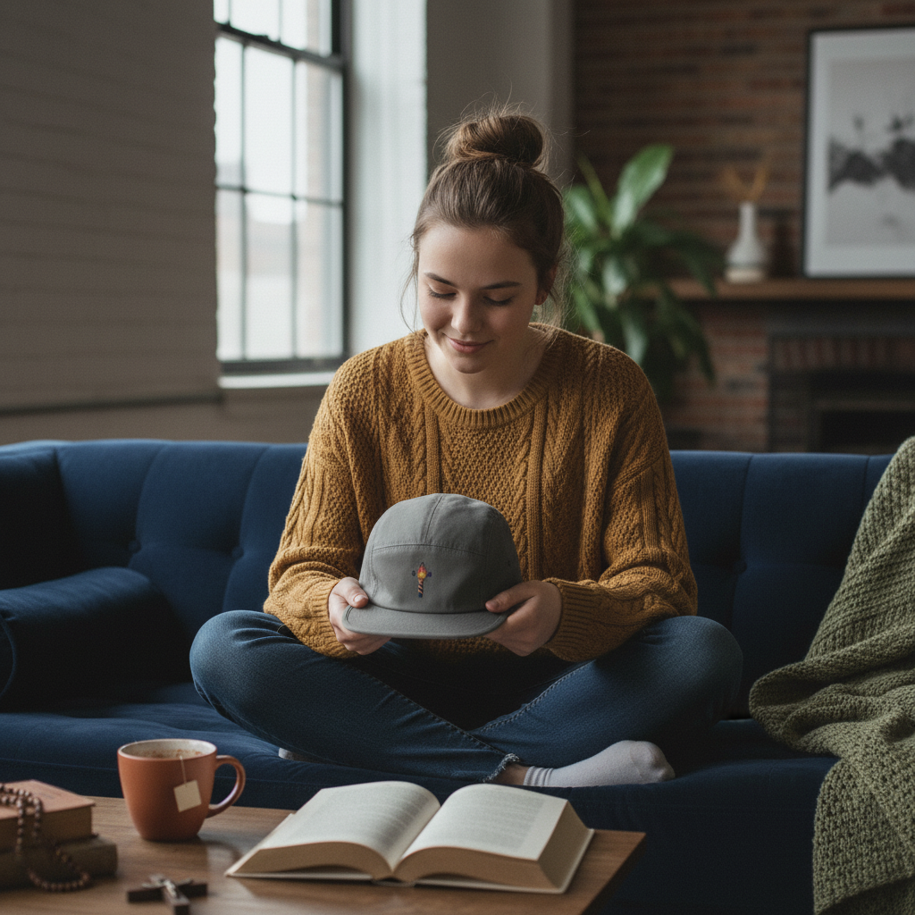 Gorra de cinco paneles con cruz de llama bordada - Sombrero católico moderno 