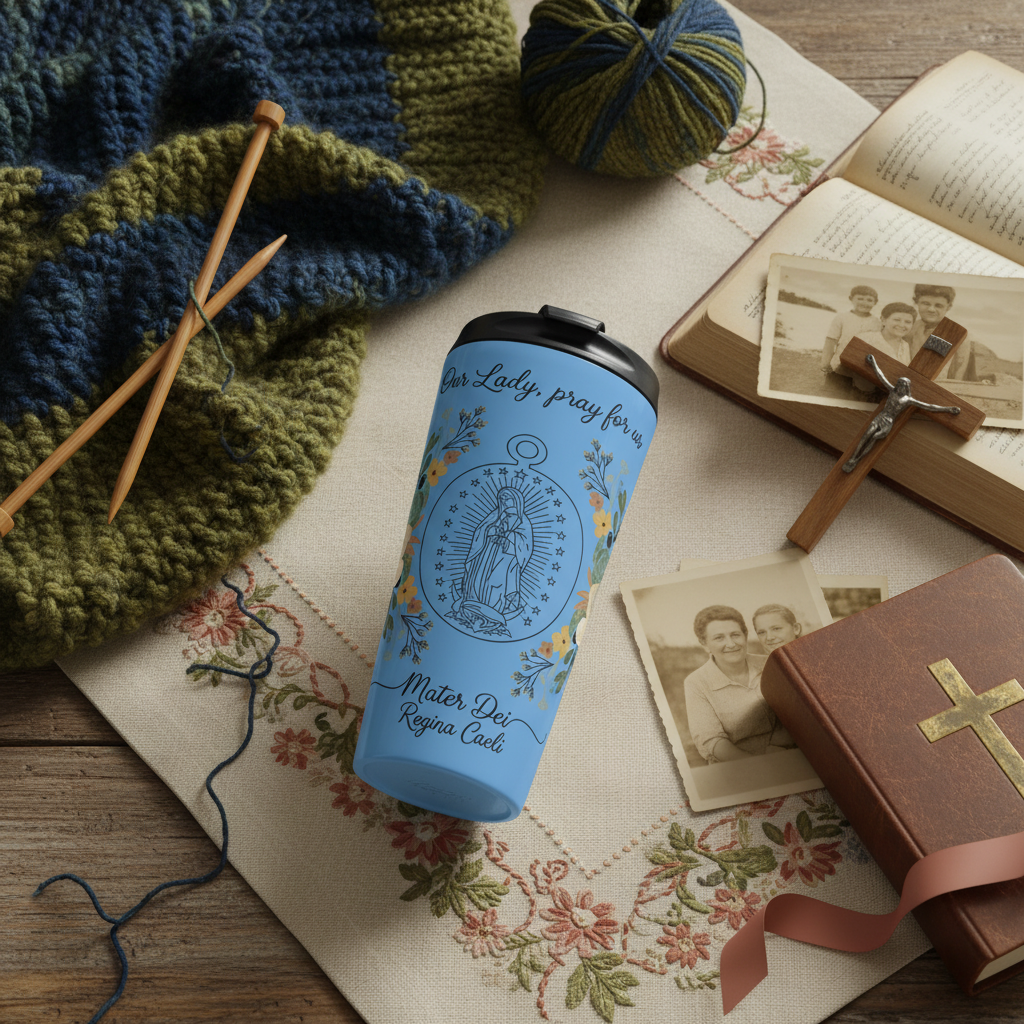 Taza de viaje Mater Dei de Nuestra Señora, ruega por nosotros - Vaso de oración de la Virgen María católica 