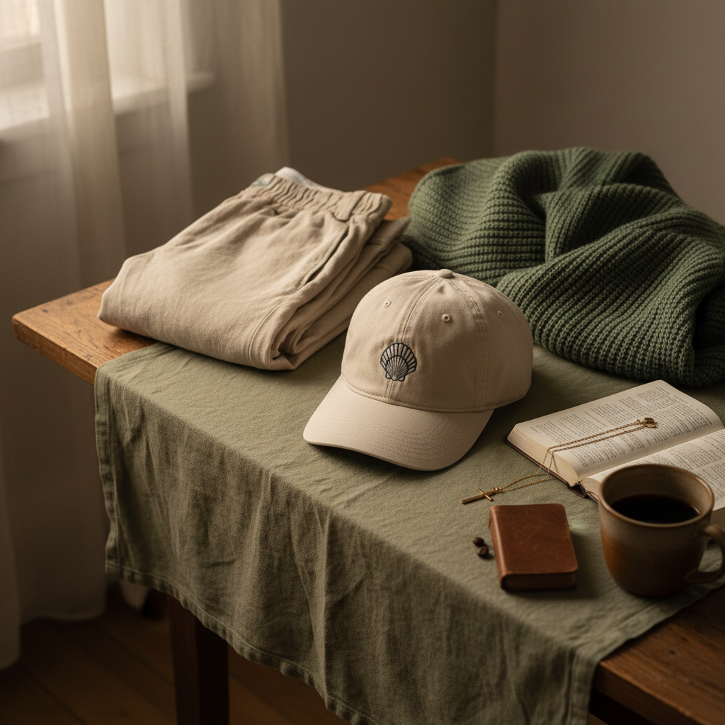 Gorra de algodón orgánico con concha de Santiago Peregrino | Gorras católicas 