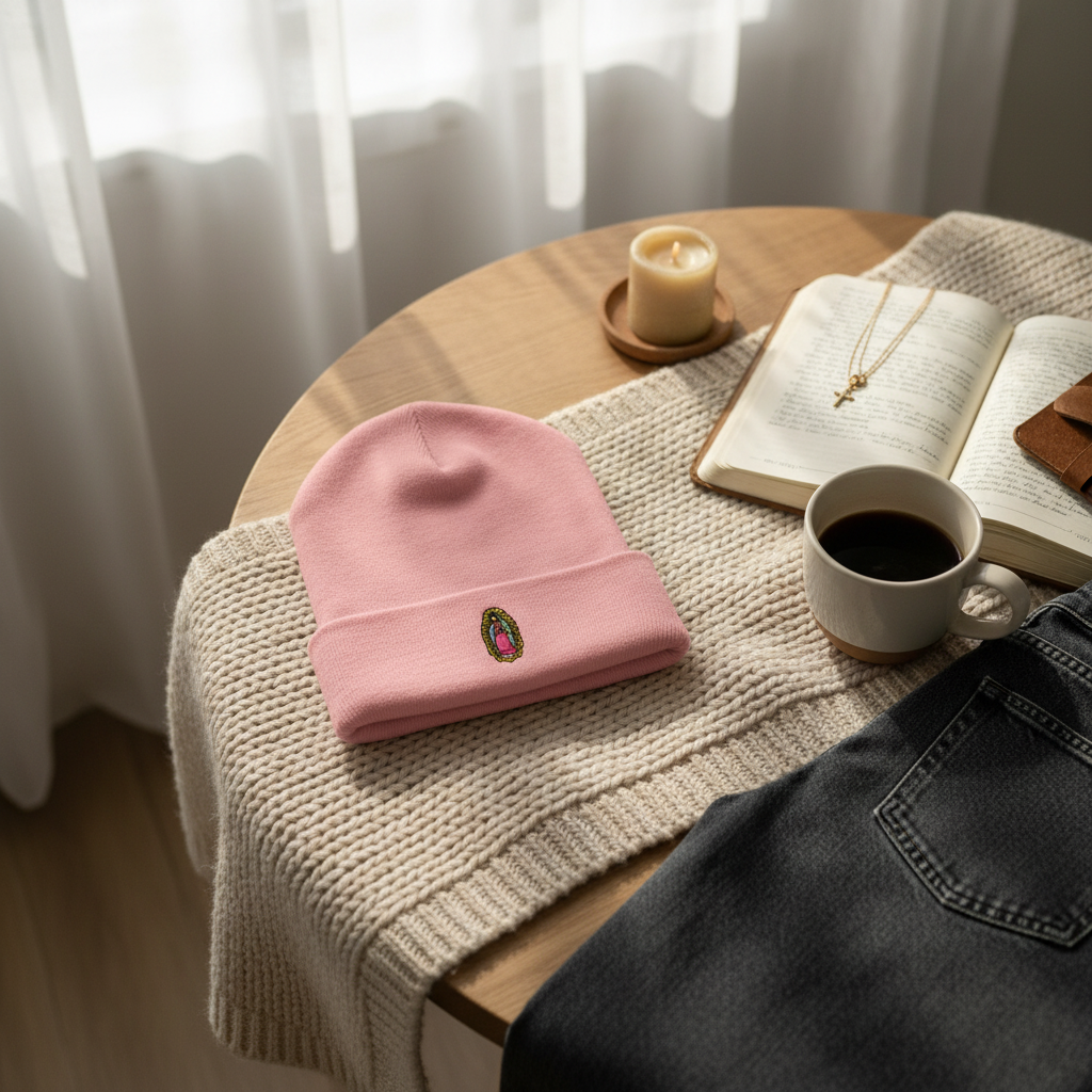 Gorro bordado de Nuestra Señora de Guadalupe | Gorro de punto católico moderno 