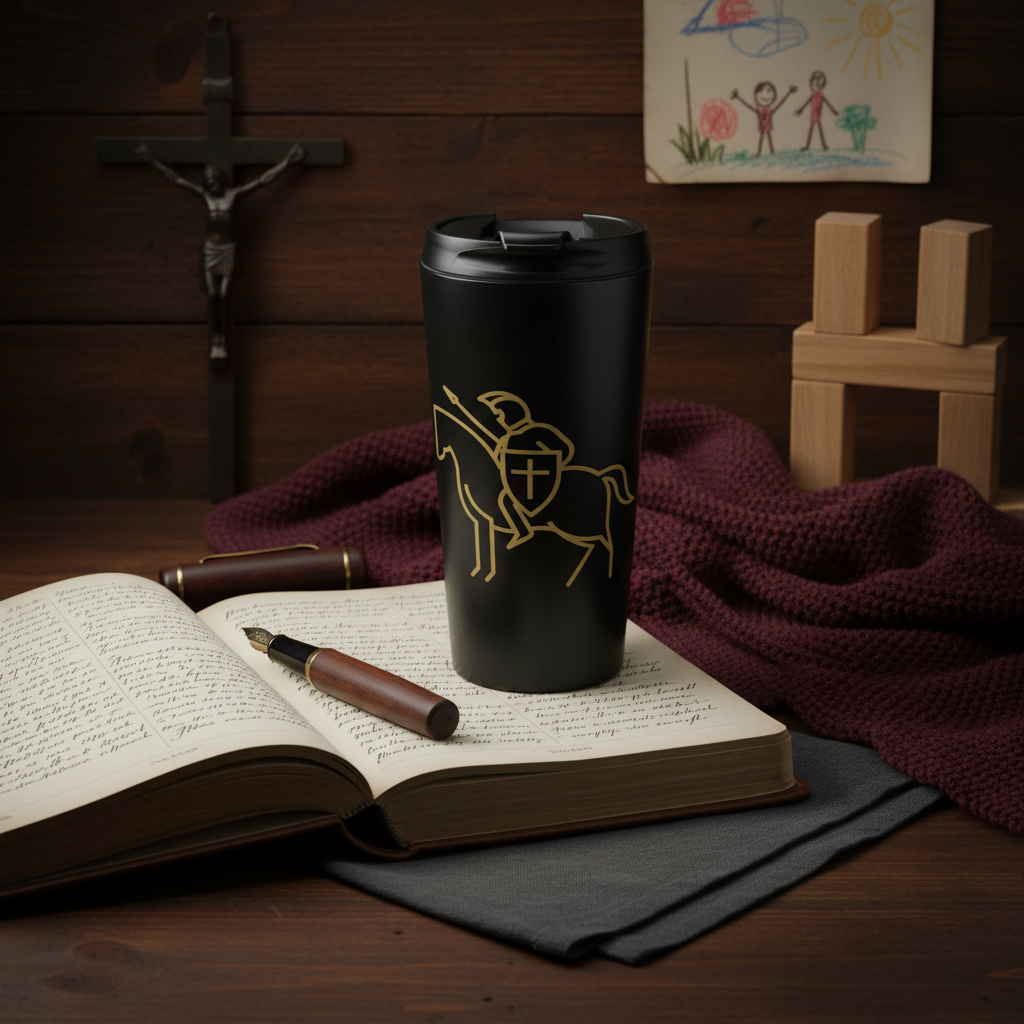 Taza de viaje Caballero Guerrero Espiritual - Escudo de Cruz Dorada | Católica 