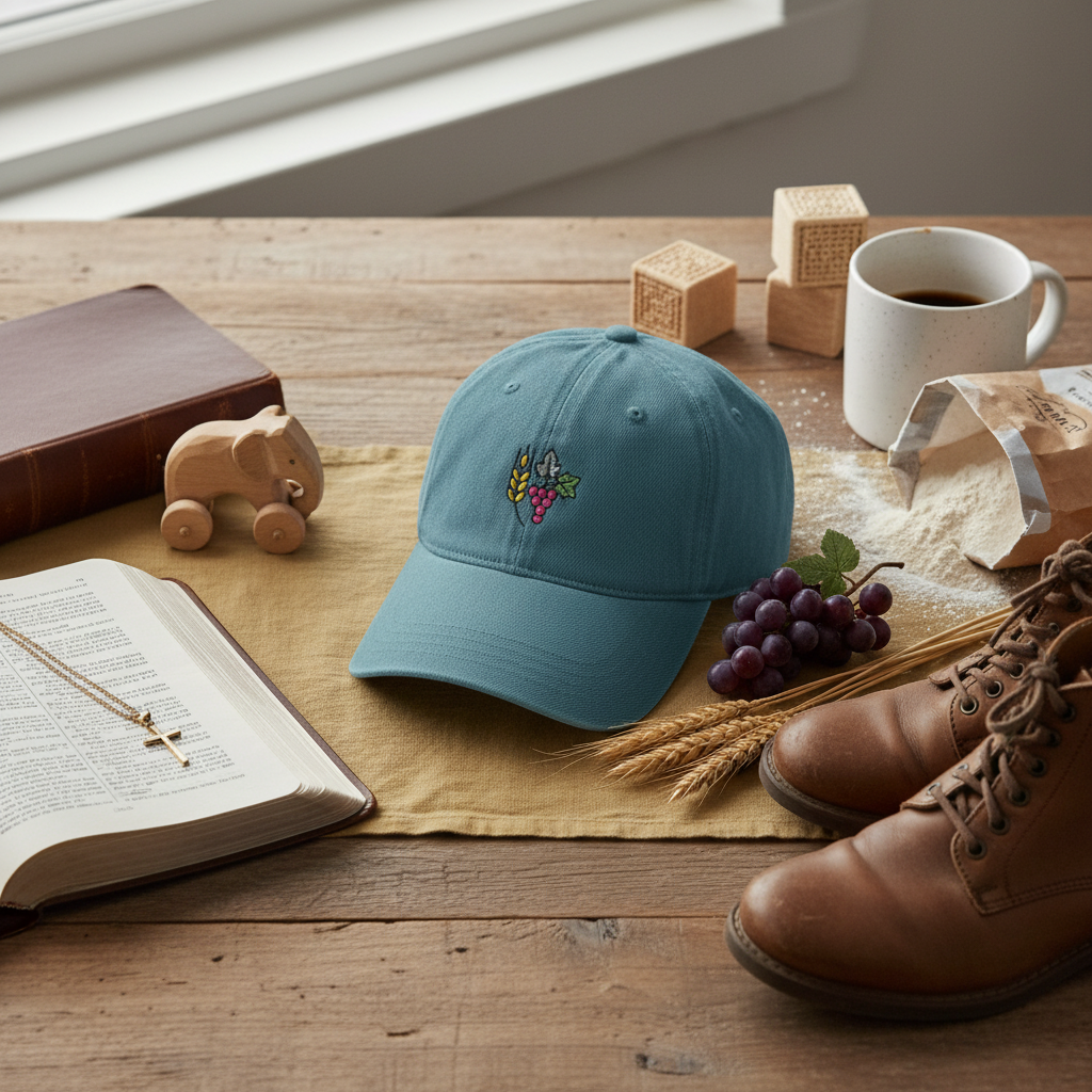 Gorra vaquera con cruz y uvas bordadas: gorra de béisbol inspirada en la fe