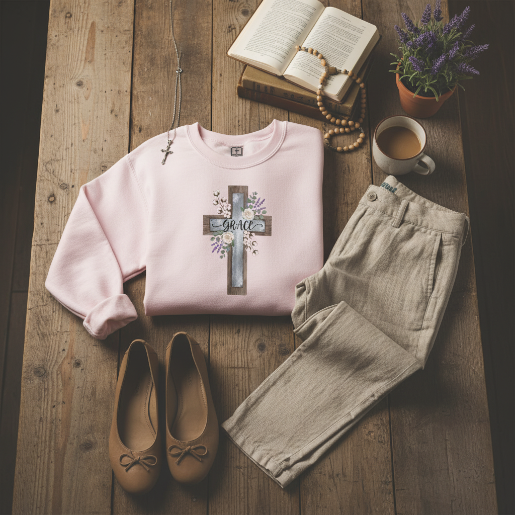 Sudadera católica con estampado floral Grace Cross - Cuello redondo de algodón y lavanda