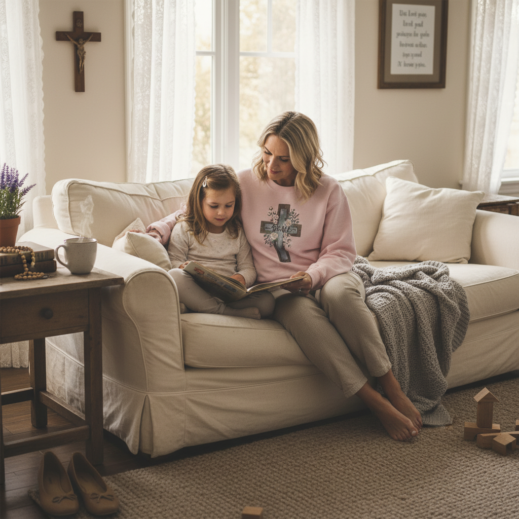 Sudadera católica con estampado floral Grace Cross - Cuello redondo de algodón y lavanda