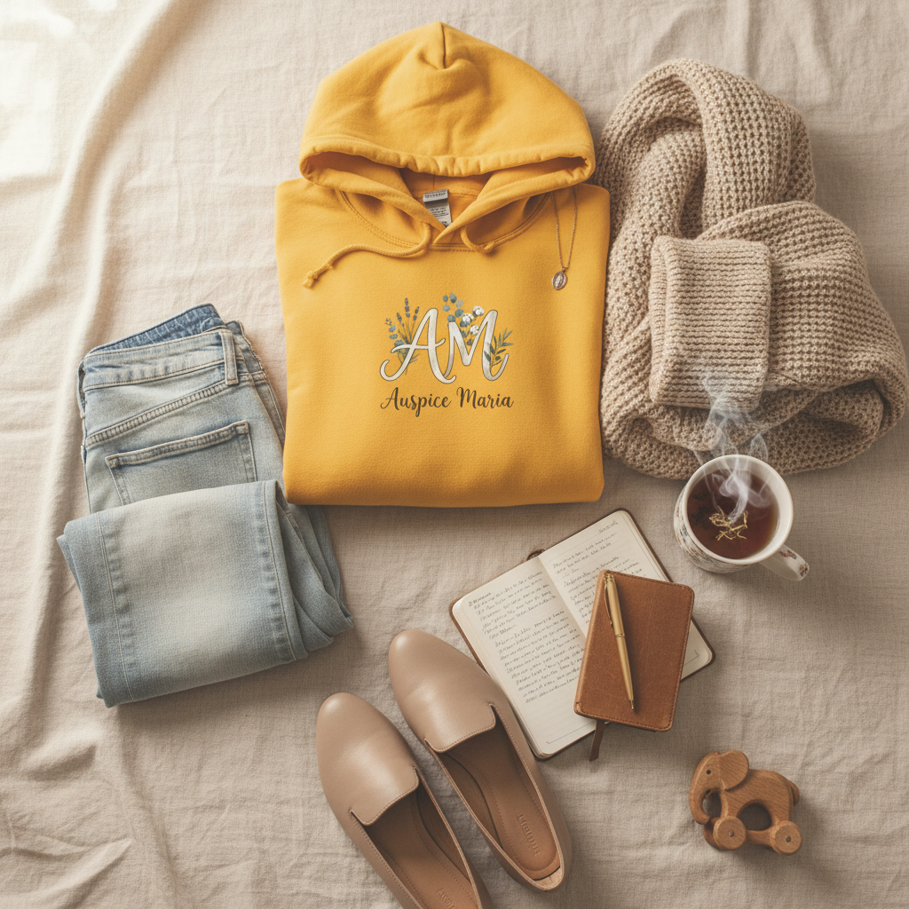 Auspice Maria Floral Gold Catholic Hoodie - Cozy Pullover Sweatshirt