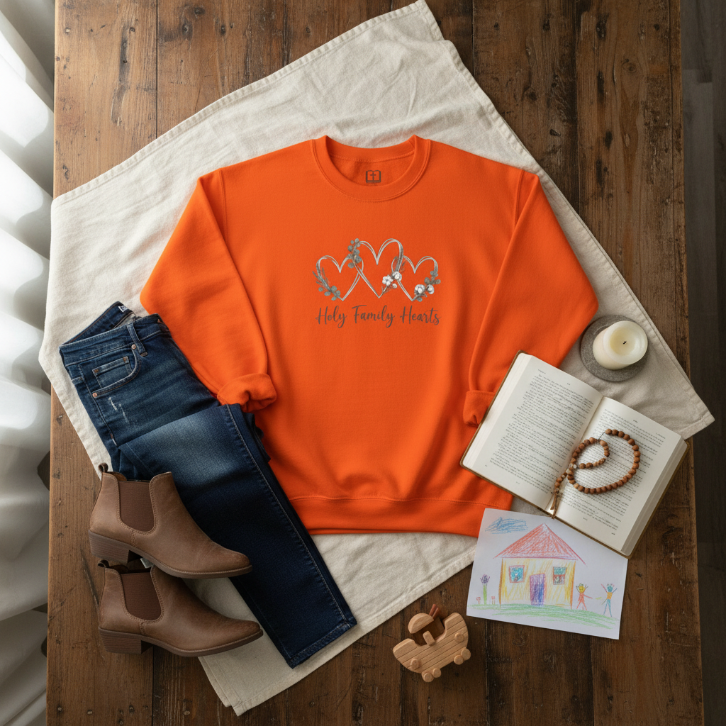 Sudadera católica de cuello redondo con corazones de la Sagrada Familia