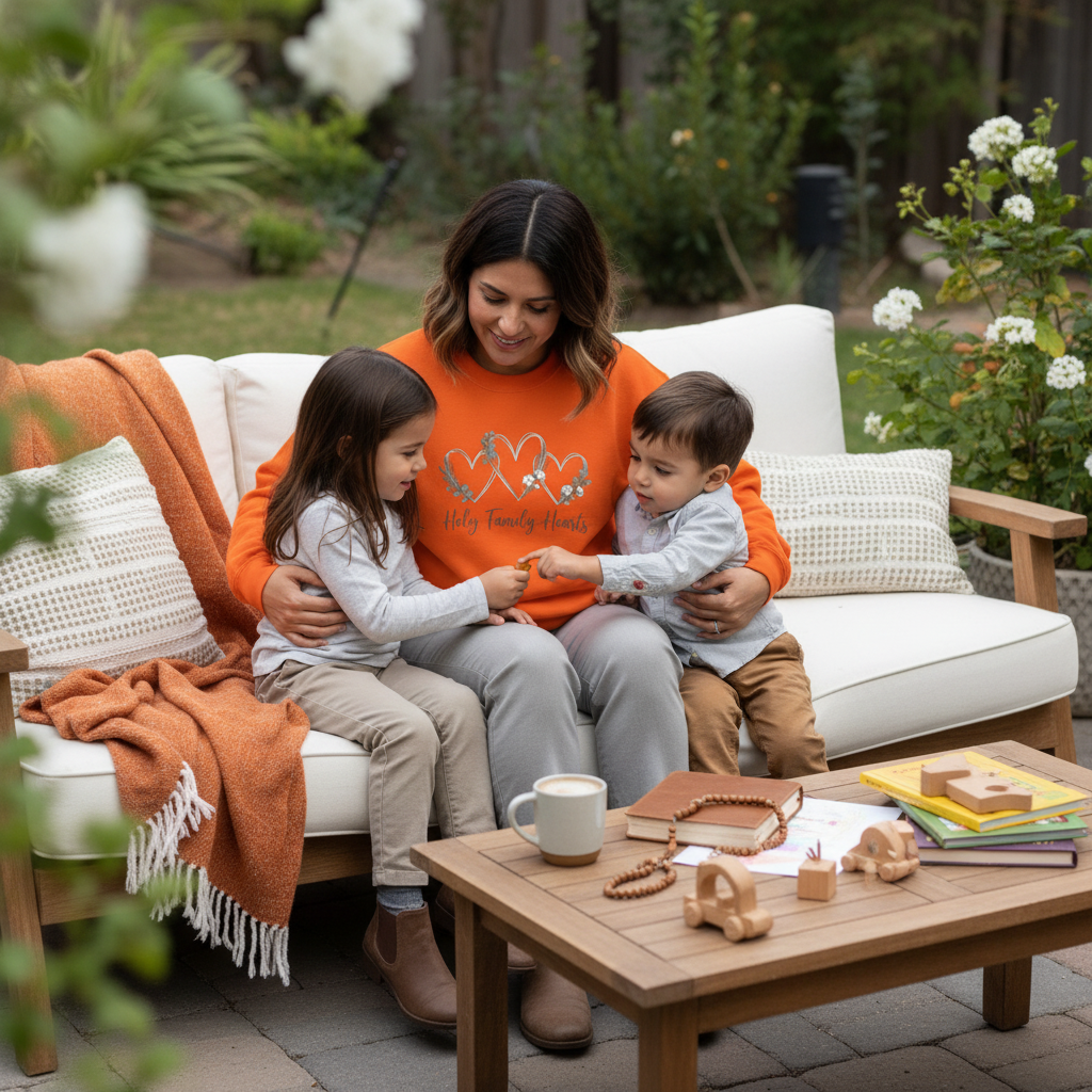 Sudadera católica de cuello redondo con corazones de la Sagrada Familia