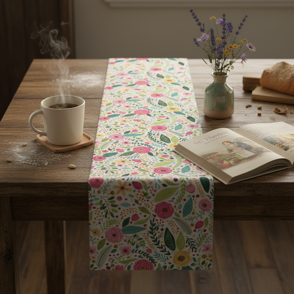 Camino de mesa con flores sagradas para la hora de la comida | Catholic Grace Decor