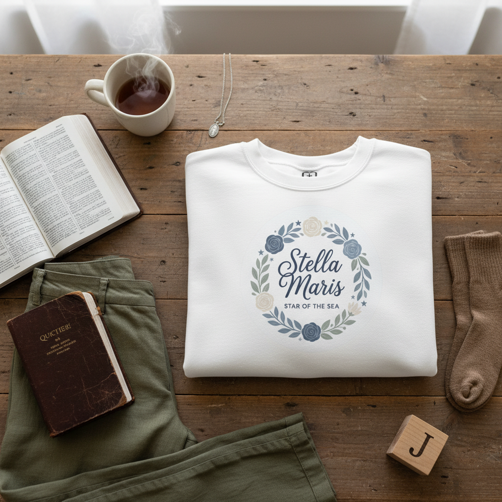 Sudadera católica de cuello redondo con corona floral "Estrella del Mar" de Stella Maris