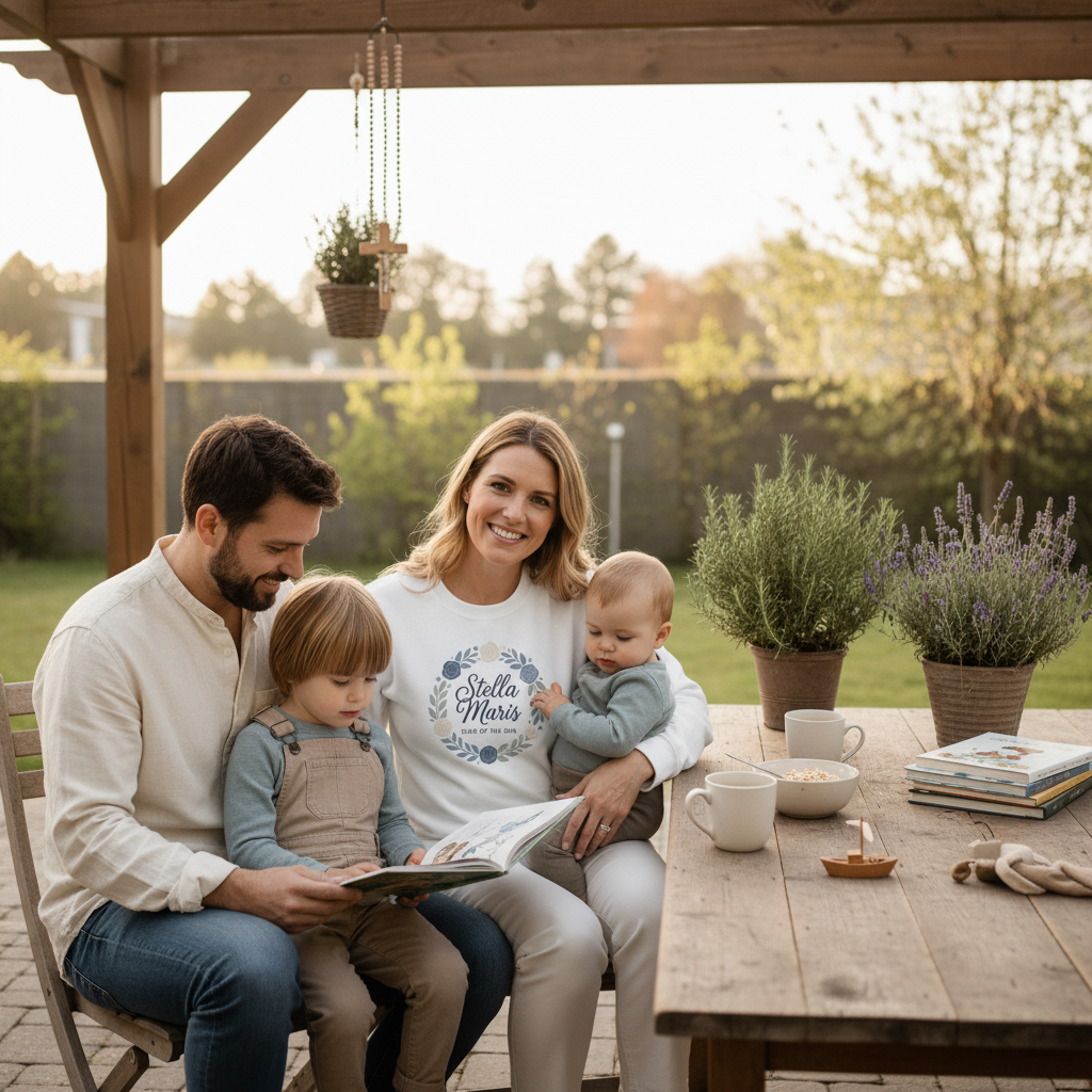 Sudadera católica de cuello redondo con corona floral "Estrella del Mar" de Stella Maris