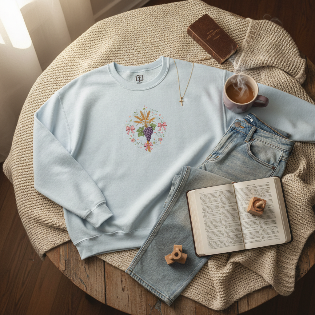 Sudadera católica de cuello redondo con corona eucarística de trigo y uva