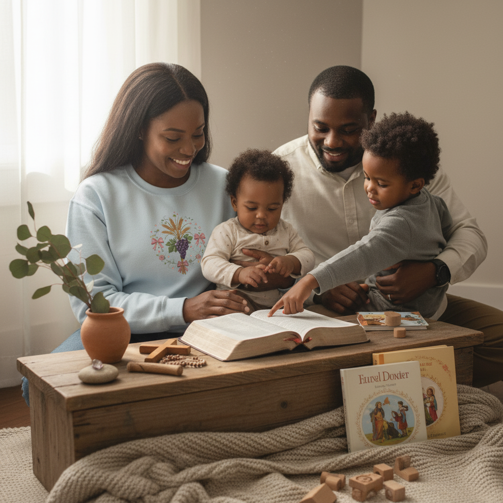 Sudadera católica de cuello redondo con corona eucarística de trigo y uva