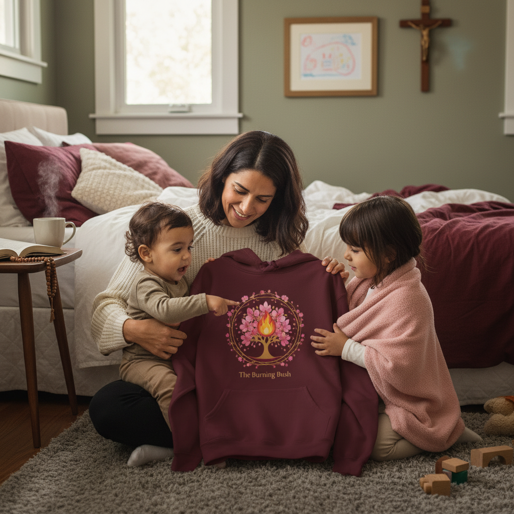 Sudadera católica con estampado floral rosa de la Zarza Ardiente | Sudadera inspirada en la fe