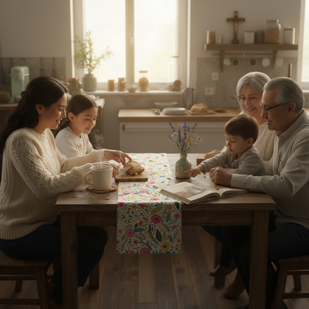 Camino de mesa con flores sagradas para la hora de la comida | Catholic Grace Decor