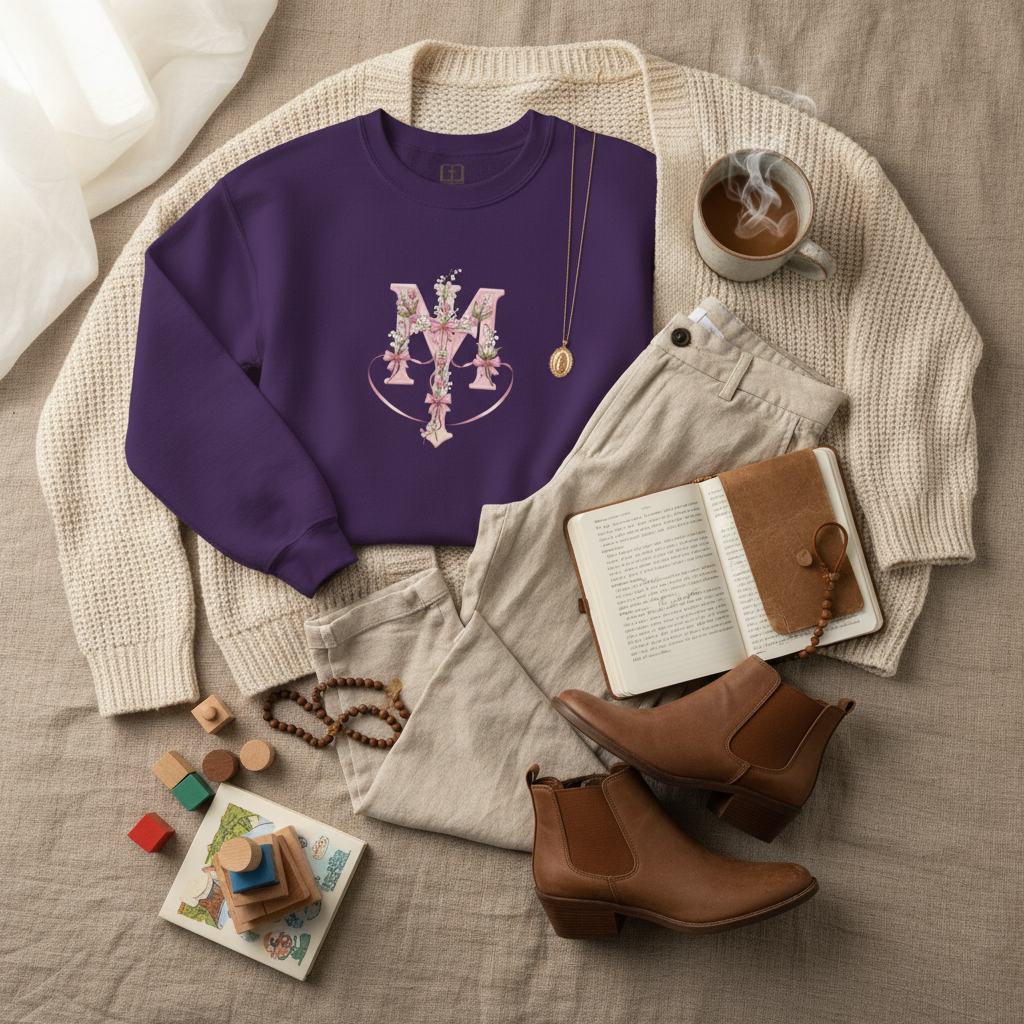 Marian Floral Cross Catholic Crewneck Sweatshirt