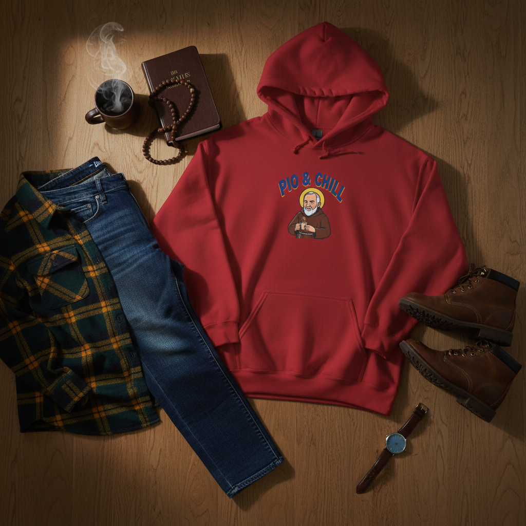 Sudadera católica Pio &amp; Chill Padre Pío | Ropa espiritual y cómoda
