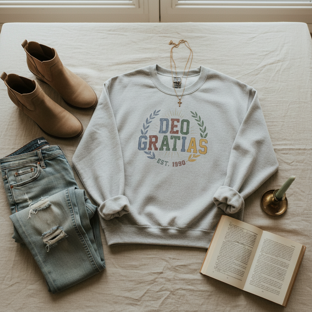 Deo Gratias Est. 1990 Vintage Laurel Catholic Crewneck Sweatshirt